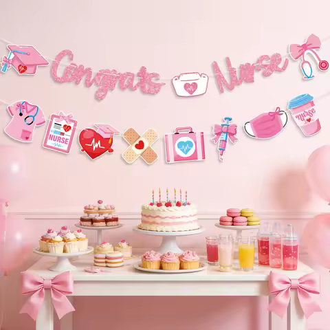 Pink Congrats Nurse Graduations Party Decorative Banner Garland, Ribbon Bow Nusing School RN BSN Gra