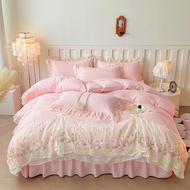 4 IN 1 Wedding Style Embroidery Bed Sheet Set lace Washed Cotton Solid Color Bedding Set Single Quee