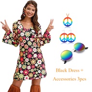 60s 70s Retro Outfit For Women Dress Hippie Costume Disco Flower Dress Halloween Purim Carvinal Part