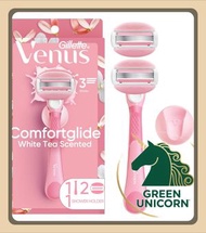 吉列 維納斯ComfortGlide女士除毛刀|1刀柄連2片替換刀片|1刀架2刀头|女士除毛刀頭|白茶香氛|內置潤滑凝膠條|刮鬍替換刀|適用於所有吉列維納斯剃毛刀|刀頭|舒適滑動技術|原裝正品