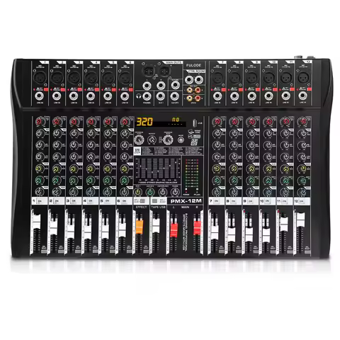 FULUODE 12 Channel Mixing Console Mono 99 Digital Effect USB Sound Card dj Mixer Bluetooth 48V 2 AUX