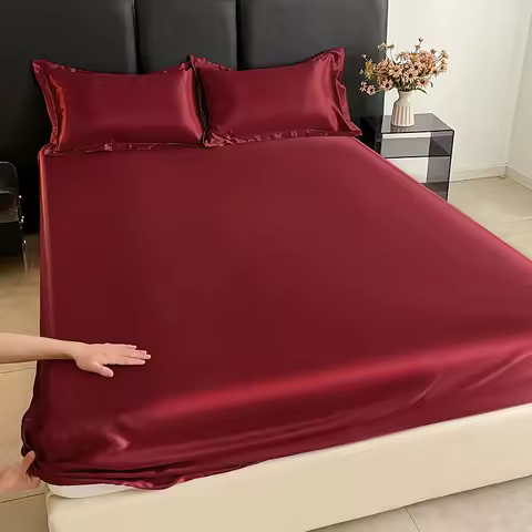 Solid Color Fitted Sheet Single Double Queen Size Mattress Cover Luxury Satin Rayon with Elastic Ban
