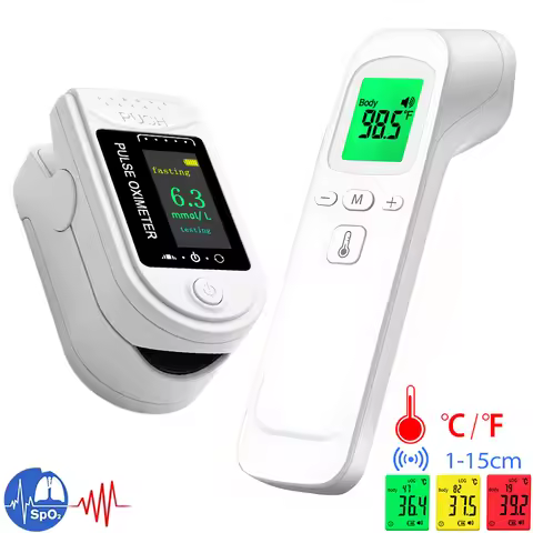 Medical IR Fever Thermometer and Digital Non‑Invasive Glucometer Oximeter 2IN1 Mini Pulse Finger Oxi