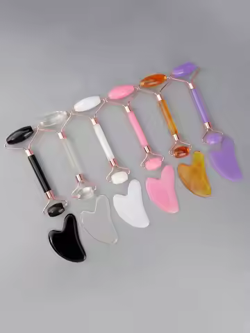 2pcs Facial Gua Sha Roller Massage Board Rose Pink Gua Sha Set Disc Jade Facial Massager Face Neck B