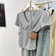 F&amp;L Women Clothes Korean Gray Lace Stringy Selvedge V-neck Short-Sleeved T-shirt Women's Summer Small Pure Chic Sweet and Spicy Short Top