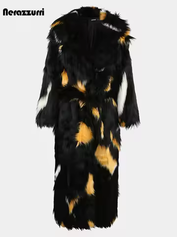 Nerazzurri Winter Extra Long Thick Warm Colorful Soft Hairy Fluffy Faux Fox Fur Coat Women Sashes Lu