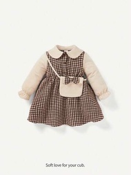 Cozy Cub Bebé niña Vestido con estampado de pata de gallo de cuello bobo de manga con volante con bolso