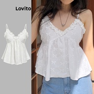 Lovito Casual Plain Lettuce Trim Eyelet Embroidery Tank Top for Women L77ED061