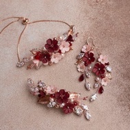 Rose gold pink burgundy flower jewelry set, Wedding earrings, Bridal hair clip