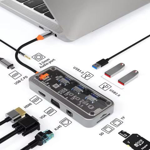 USB C HUB Type C to HDMI-Compatible Dock Station 10 in 1 RJ45 Ethernet PD100W for MacBook Pro iPad H