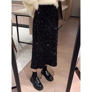 Women Velvet Sequin Skirt Black Sparkling Long Skirt Straight Midi Skirts