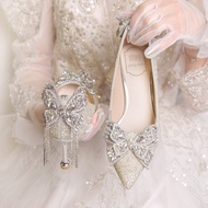 高跟鞋 2024 新款 kasut perempuan heels 高跟鞋 French Bridal Shoes 2025 - Silver Crystal Bow Design, High Sti
