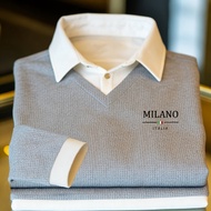 TEMU เสื้อแขนยาวชาย OBM แฟชั่นสบายๆ แบบสีบล็อก ปะติดปะต่อ คอปก ผ้าวาฟเฟิลนิต