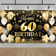Happy 60th Birthday Party Banner Backdrop Black Gold 60th Party Decoration Photo Background Fabric B