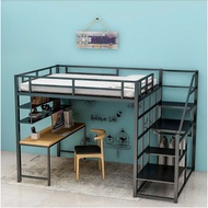 Queen Size Loft Bed Frame Bunk Bed with Ladders, Loft Bed Katil with Black Metal Frame Space Saver S