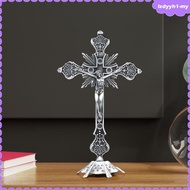 [JoyDIY] Free Standing Catholic Crucifix Statue Silver Alloy Cross Christian Figurine for Table Alta