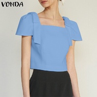 VONDA สายสะพายไหล่คอเหลี่ยมสำหรับผู้หญิงเสื้อสั้นทนทานเสื้อสตรีแขนยาวพัฟลำลอง (ลายดอกไม้เกาหลี)
