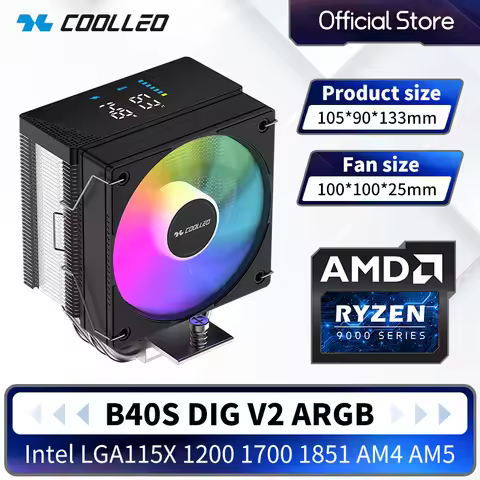 COOLLEO B40S DIG V2 4 Heat Pipes CPU Cooler with Real-Time Temp & RPM Display for Intel LGA1700/AMD 