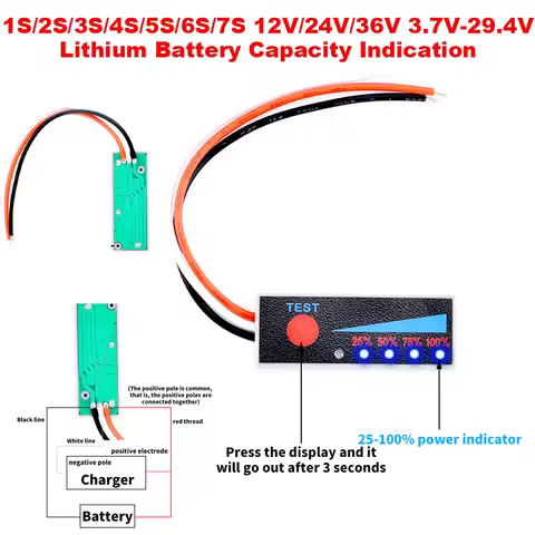 1S/2S/3S/4S/5S/6S/7S 12V/24V/36V 3.7V-29.4V Lithium LiFePO4 Battery Capacity Test Power Level Indica