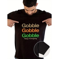 Men's Thanksgiving Graphic T-Shirt - Short Sleeve Crew Neck Soft Fitted Tee with "Gobble Gobble Happ