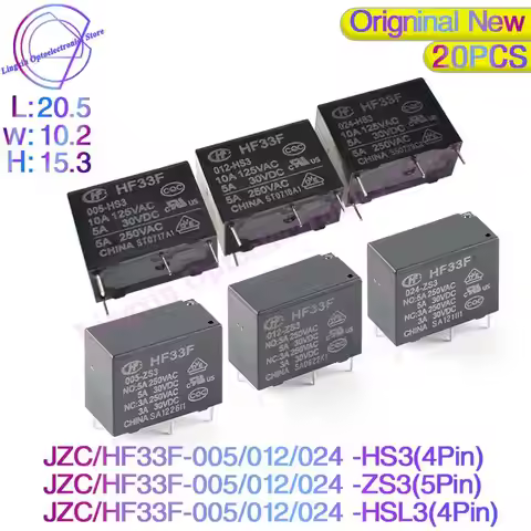 20Pcs DC5V 12 24V Power Relays HF/JZC-33F -005 012 024 -HS3 ZS3 HF33F-012-ZS3 5Pin JZC-33F-024-HS3 4