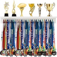 Threehoney Wooden Medal Hanger Display Trophy Holder Shelf with 25/37/49/65/83 Hooks Wall Mount Ribb