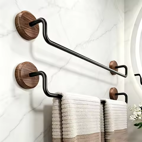 Multifunctional Wall Mount Towel Shelf, Walnut Wood & Carbon Steel Towel Rack with 5cm Hanging Dista