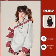 Ruby off-the-shoulder sweater with bow tie, sweet and personality checkered sweatshirt_AT76