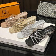 Elegant Glittery Glass Heels Sandals 2.5 Inches High Heels Slippers for Women