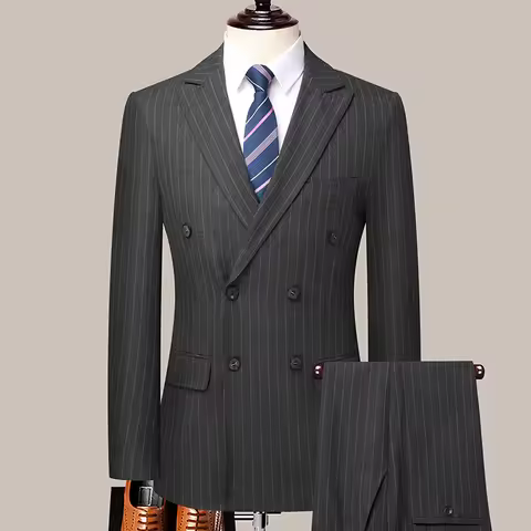 Men's Double-Breasted Striped Suit And Trousers Two-Piece Set Fashionable Handsome Business Casual B