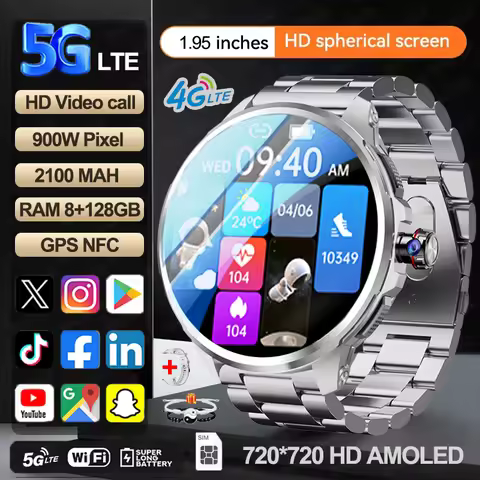 5G/4G Smart Watch Men Fashion 1.95 inch 720*720 AMOLED 8GB+128GB RAM 2100mah Battery GPS WIFI Google