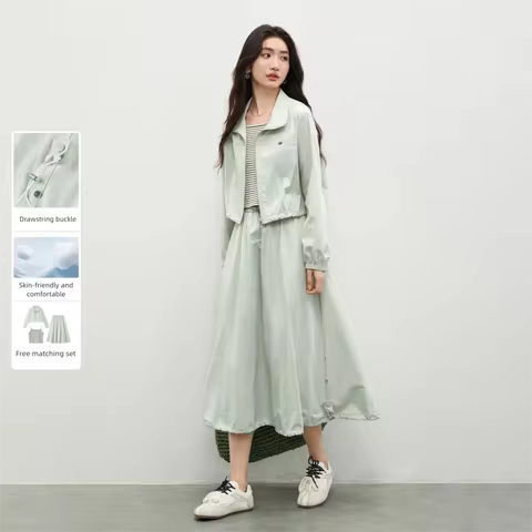 SENTUBILA Casual Set for Women 2026 Spring Green Drawstring Button Lapel Jacket with A-line Skirt 3 