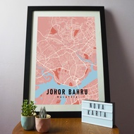 Johor Bahru City Map Print Poster (A2, A3) - Black & Gold, Black & White, Blue, Pastel Pink (FRAME N