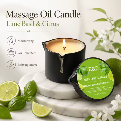 Lime Basil&Citrus Massage Oil Candle 2 oz, Warm Body Oil Candle For Moisturizing Massage, Aromathera