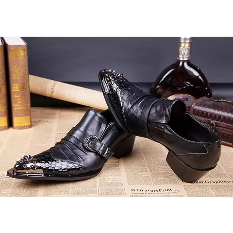 Summer Man Metal Tip Cowhide Shoes Buckles High-heeled Low help Men's Shoes Singer Show Luxury shoes