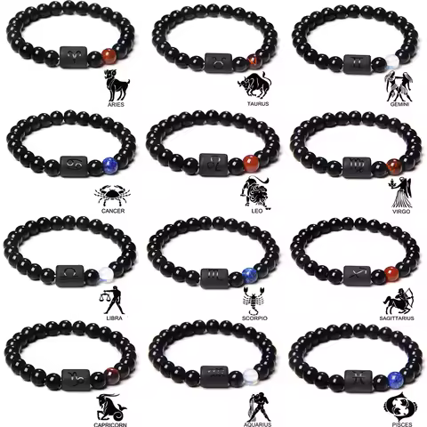 12 Constellation Zodiac Sign Bracelet 8MM Black Glass Lava Tiger Eye Stone Bead Stretch Bangle Tauru