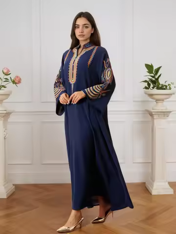 New Dubai Luxury Navy Blue Muslim Abaya Colorful Intricate Embroidery on Neckline Sleeves for Middle