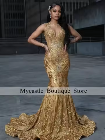 Opulent Gold Beaded Sheer Prom Dresses Sequined Mermaid Long Train Formal Red Carpet Gown For Women
