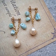 愛情海天然珍珠與海紋石手工制耳環法式休閒agete風