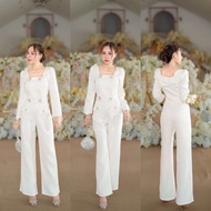 (S-4XL)C&M Studio:ชุดเซตสีขาวผ้าทวิต เสื้อคอเหลี่ยม แขนยาว ติดกระดุมเพชร+กางเกงขายาว แต่งกระเป๋า สวย