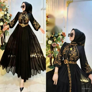 Gamis Bordir Mewah Timbul Elmira Dres Ceruty Babydoll Full Puring Apk Bordir M L XL XXL 3XL Resletin