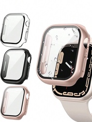 3入組3合1鋼化玻璃膜硬PC防撞殼，適用於Apple Watch 9 8 7 6 5 4，兼容40mm/41mm/44mm/45mm蘋果手錶屏幕保護套面罩，女士男士皆可使用，超薄護衛，透明/黑色/玫瑰金