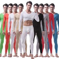 Men's Thermal Underwear Suit Sexy Ultra-thin Long Johns Lce Silk Translucent Lounge Pajamas Men Tights Undershirt leggings sets