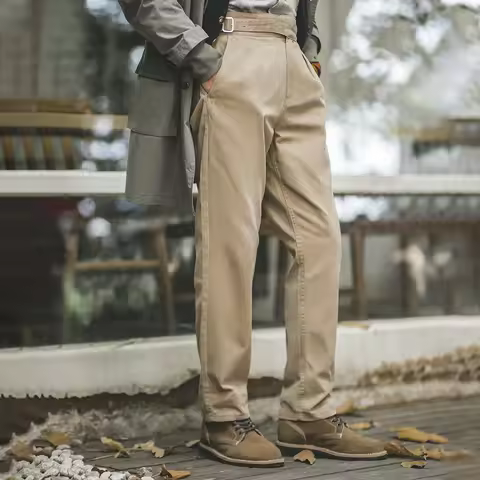 Maden Vintage Gurkha Pants Khaki Casual Cargo Work Pants Adjustable High Waist Classic Straight Trou