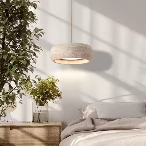 Japanese Yellow Travertine Pendant Lamp Natural Luma Cave Stone Hanging Lighting for Kitchen Island 