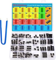 173 Pcs 20 Values Chip Assortment Set + 12 Pcs Sockets; Integrated Circuits Op Amp Kit 555 Timer IC 