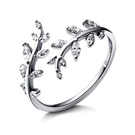 Open Copper Ring with Diamond Inlaid Budding Branch Design Leaves and Twigs Look