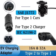 32A EV Charger Converter Type 2 to 1 for Electric Car with J1772 Type 1 Socket to 2 IEC 62196 EV Cha