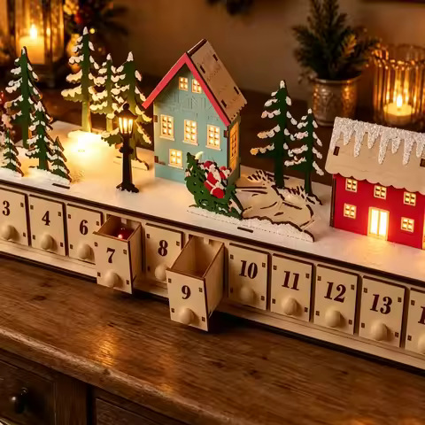 Light-Up Wooden Christmas Village Advent Calendar Battery Operated Countdown Advent Calendar Xmas Ad