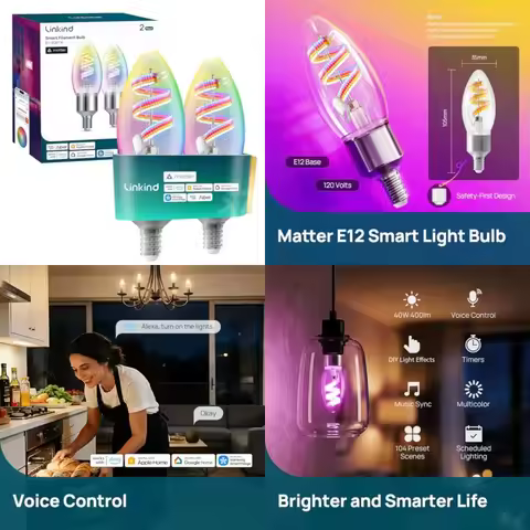 Matter Smart Bulbs, E12 Led Edison Bulb, Smart Filament Bulbs, WiFi Candelabra B11 Bulbs, RGBTW Colo